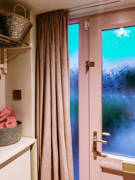 How to Keep In The Heat with a Cosy Velvet Door Curtain - pinkscharming Curtain For Front Door Entrance, Side Door Curtains, Front Door Draft Curtain, Glass Front Door Curtains, Velvet Door Curtain, Hanging Curtains Over Front Door, Curtains Over Doors, Door Drapes Entrance, Front Door Curtain Ideas Entrance