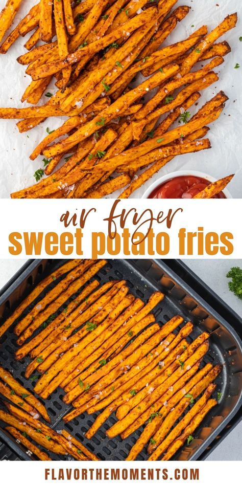 Air Fry Sweet Potato Fries, Air Fried Sweet Potato Fries, Sweet Potato Fries Air Fryer, Air Fryer Veggies, Air Fryer Sweet Potatoes, Homemade Sweet Potato Fries, Air Fryer Sweet Potato Fries, Making Sweet Potato Fries, Sweet Potato Recipes Fries