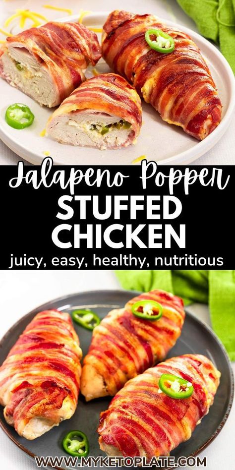 This jalapeno popper stuffed chicken is a quick, easy-to-make recipe loaded with a spicy cheese filling, wrapped in bacon, and baked until super crispy. The chicken is ultra juicy, making this recipe a crowd-pleaser. Made with only six ingredients, this delicious dish has just 3g net carbs per serving. Imagine a juicy chicken breast filled with creamy cheese and wrapped in crispy bacon—sounds delicious, right? Jalapeño Popper Stuffed Chicken, Jalapeno Popper Stuffed Chicken, Popper Stuffed Chicken, Best Jalapeno Poppers, Bacon Wrapped Stuffed Chicken, Baked Stuffed Chicken, Chicken Breast With Bacon, Juicy Chicken Breast, Grilled Chicken Breast Recipes