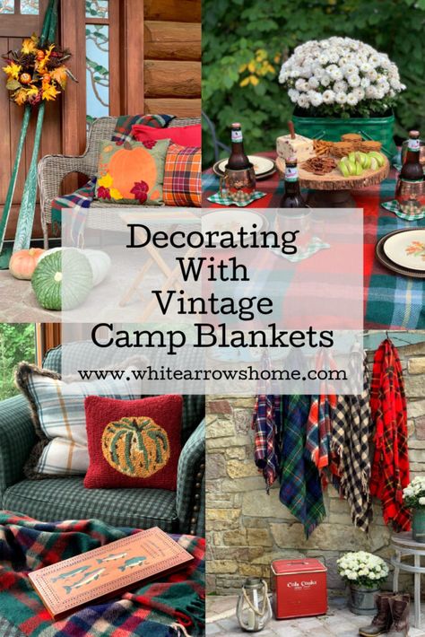 Fall Decor Must Have | Vintage Camp Blankets Fall Lake House Decor, Vintage Camp Blanket, Camp Decorating Ideas, Vintage Camp Style Decor, Diy Cabin Decor, Adirondack Camp, Adirondack Decor, Cabin Porches, Camp Decor