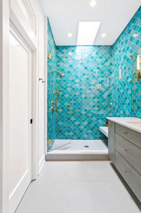 Green Tiles, Mermaid Bathroom, Narrow Bathroom, Beach Bathroom Decor, Fireclay Tile, Bathroom Redo, Beach Bathrooms, Bathroom Renos, The Shower