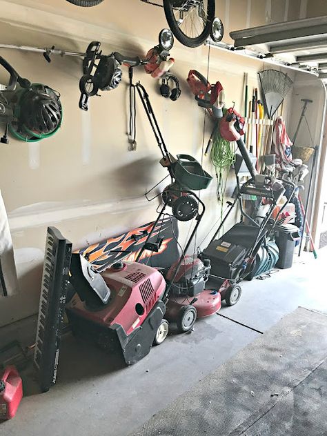 Garage Storage For Lawn Equipment, Garage Organization Ideas Lawn Equipment, Garage Yard Tool Storage, Garage Equipment Storage, Lawn Tools Storage Ideas, Organize Lawn Equipment In Garage, Garage Organization For Lawn Equipment, Garage Organization Yard Tools, Garage Storage Lawn Mower