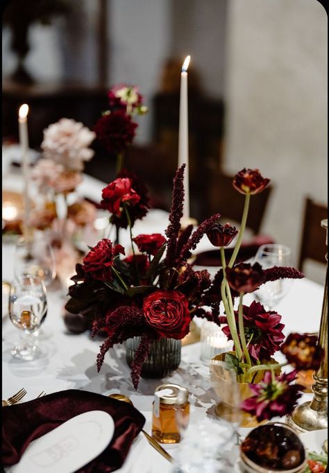 Ceremony Arbour, Floral Tablescapes, Moody Wedding Flowers, Moody Tablescape, Moody Wedding Decor, Dark Red Wedding, Thanksgiving Table Decor Ideas, Stones Of The Yarra Valley, Dark Romantic Wedding