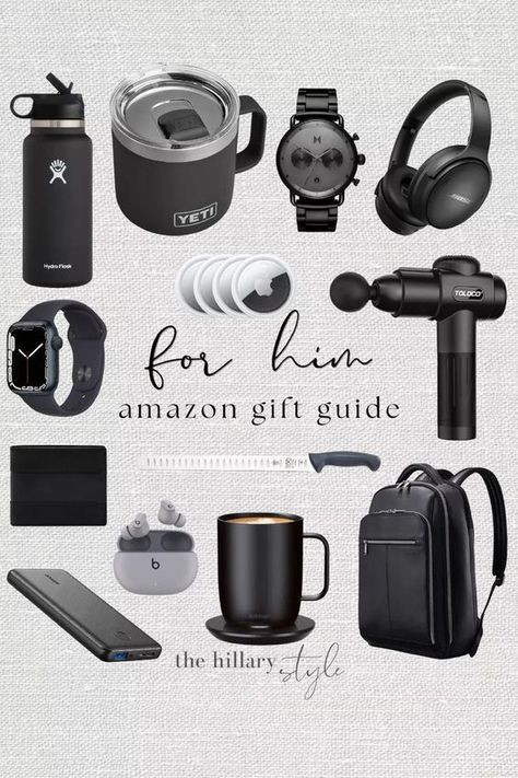 Amazon gift guide for him! Mugs. Hydro flask. Watch. Headphones. Massage gun. Air tag. Backpack. Knife. Portable battery. Apple Watch. Wallet. Amazon home. Amazon gifts. Holiday gift guide. For him. #founditonamazon Boyfriend Wishlist, Male Gift Ideas, Men Gift Ideas, Info Board, Gift Box For Men, Creative Gifts For Boyfriend, Bf Gifts, Gift Guide For Him