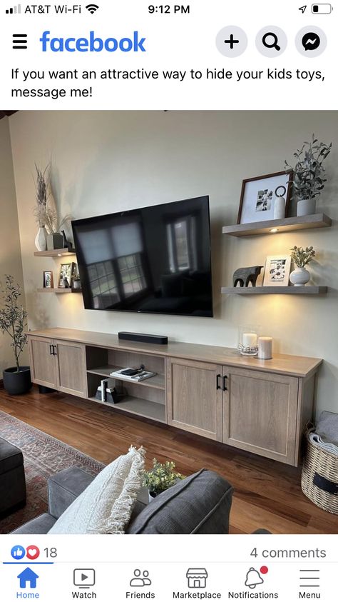 Giant Tv Wall, Tv On Big Wall Ideas, Tv Walk In Living Room, Large Living Room Tv Wall Ideas, Tv Room Design Cozy, Wall Entertainment Center Ideas, 75 Inch Tv On Wall Ideas, Long Entertainment Center, Large Tv Wall Ideas Living Room