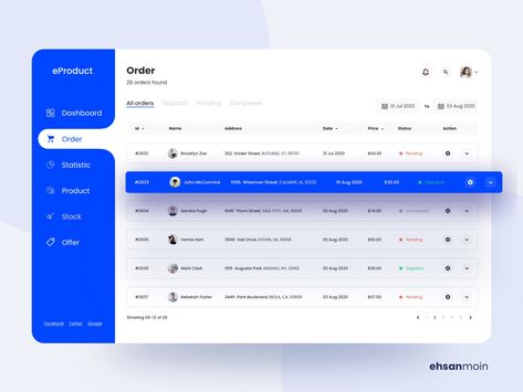 eProduct Admin Dashboard Design ( Order page ) by 𝐄𝐡𝐬𝐚𝐧 𝐌𝐨𝐢𝐧 Dashboard Web Design, Dashboard Design Inspiration, Dashboard Design Template, Dashboard Ui Design, Admin Ui, Desain Ux, Cms Design, Software Ui Design, Ui Design Principles