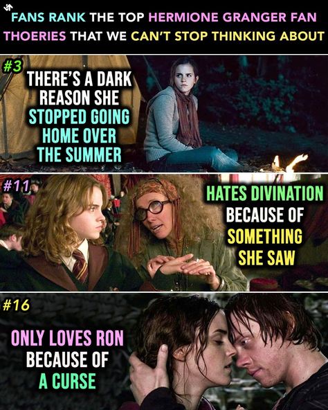 With a series as grand and vast as Harry Potter, there's bound to be a fanbase to match. One of fandoms' most favorite things to do is scour the internet for fan theories, and there are a lot of them. Hermione Granger was the brightest witch of her age, and one of the most popular characters in the franchise, which means more than a few fans have some strong opinions about our favor... #harrypotter #fantheories #hermionegranger #potterhead #hogwarts #wizardingworld #muggleborn #harrypotterfandom Hermione Granger And Ron Weasley Fan Art, Harry Potter Fan Made Characters, Harry Potter Professor Trelawney, Harry Potter Fan Fiction Stories, Fanfiction Harry Potter, Battle Of Hogwarts Fanart, Hermione Granger X Draco Malfoy, Harry Potter Order Of The Phoenix Movie, Harry Hermione Fanart