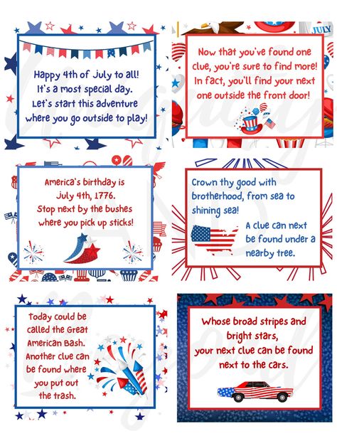 "Happy Fourth of July! Celebrate the RED, WHITE, and BLUE with some fun with your kiddies with this cute rhyming Fourth of July OUTDOOR Scavenger Hunt! This listing is for an OUTDOOR 4th of JULY SCAVENGER HUNT Digital Download PDF file - SET OF 12 RHYMING CARDS- **Please note you will NOT receive a physical product** What you will receive: (1) 8.5 x11 digital PDF download files 1 PDF file of the 12 rhyming clues *Please Note* colors will vary based on printer type Ensure that your printer settin 4th Of July Lessons For Kids, Fourth Of July Scavenger Hunt, Fourth Of July Scavenger Hunt For Kids, 4th Of July Scavenger Hunt For Kids, 4th Of July Scavenger Hunt, 4th Of July Group Activities, 4th Of July Homeschool, Fourth Of July Curriculum, Road Trip Scavenger Hunt