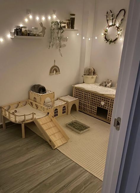 rabbit set up indoor - Google Search Cute Indoor Rabbit Cage Ideas, Large Rabbit Cage Indoor, House Bunny Set Up, Cute Bunny Enclosure Ideas, Rabbit Tunnel Ideas, Bunny Free Roam Area, Bunny House Decor, Pet Bunny Rabbits Cage, Bunny Hay Storage