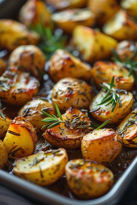 Roasted baby potatoes with rosemary on a baking sheet. Delicious Roasted Potatoes, Perfectly Roasted Potatoes, Roasted Herb Potatoes In Oven, Fall Potatoes Recipes, Whole 30 Roasted Potatoes, Garlic Rosemary Roasted Potatoes, Rosemary Roasted Vegetables, Rosemary Breakfast Potatoes, Rachel Ray Potatoes