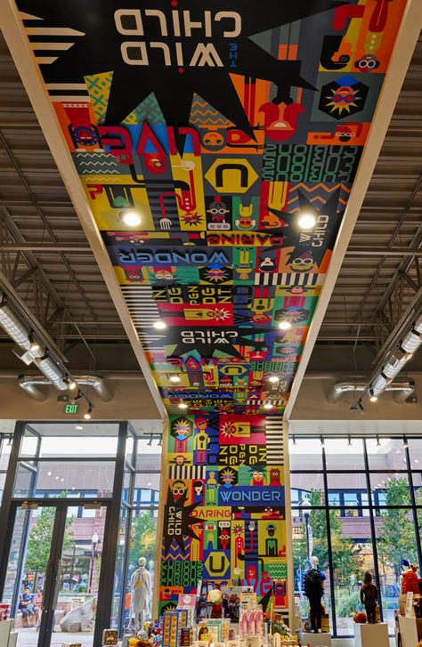 Ceiling and #wallgraphics in kids toy store in #Denver. #retaildesign #interiordesign Ceiling Store Design, Toy Store Design Shops, Toy Display Ideas Retail, Toys Store Design, Toy Store Interior Design, Game Store Design, Toys Shop Interior, Toy Store Interior, Toy Shop Design