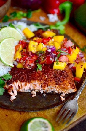 This salmon recipe is AWESOME! The spices are amazing... sweet and spicy, and the mango salsa is so refreshing! Salsa For Fish, Salmon Salsa, Salmon With Mango Salsa, Salsa Mango, Salmon With Mango, Mango Salsa Salmon, Fruit Salsa, Salmon Dishes, Salmon Recipe