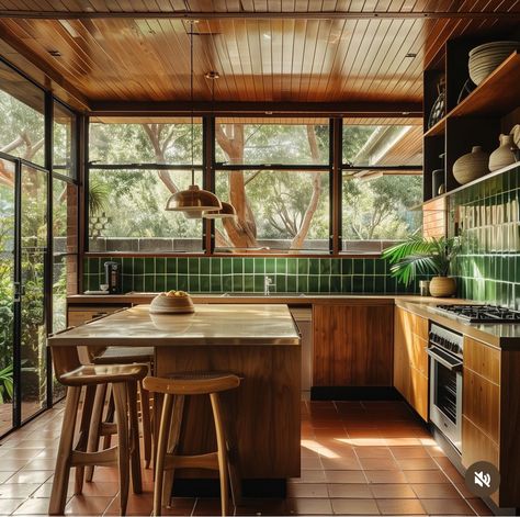 Mid Century Classic Kitchen, Mid Century Home Furniture, 70s House Decor Modern, Kitchen Design With Wooden Floor, Cabin Mid Century Modern, Retro Classic Interior, Australia Home Design, 70s Kitchen Aesthetic Modern, Contemporary Mid Century Modern Kitchen