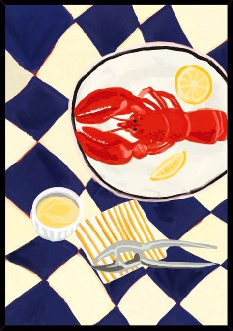 Lobster Art, Coconut Bowls, Illustration Kunst, Foodie Art, Checkered Tablecloth, Fabric Poster, Red Lobster, Arte Inspo, Art Et Illustration