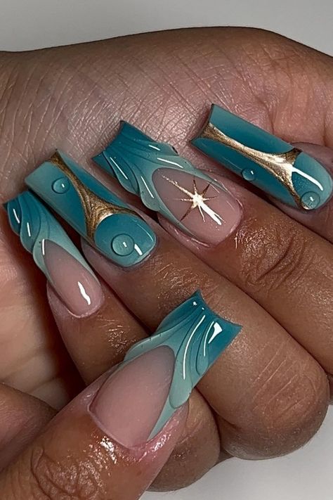 Nail Art Designs Trending, French Nails Blue, Manicure Aesthetic, Blue Stiletto Nails, Blue Manicure, Blue Coffin Nails, Dark Blue Nails, 3d Flower Nails, Airbrush Nails