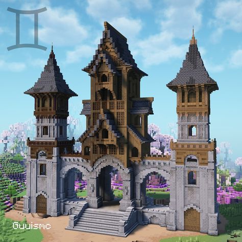 Gemini Towers Gate This house was inspired by the constellation Gemini and the reason I let it end up is because it's my sign #minecraft #minecraftbuilds #minecrafthouse #minecraftideas Minecraft Towers Medieval, Castle Floor Plan Minecraft, Mc Tower Ideas, Manor House Minecraft, Minecraft Tower Staircase, Minecraft Medieval Portal Design, Minecraft Kingdom Entrance, River Town Minecraft, Small Castle Minecraft Ideas