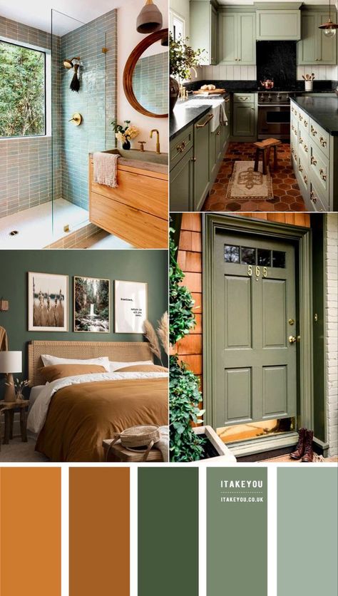 Home Color Palette Earth Tones, Green Wood Color Palette, Color Palette Earth Tones Green, Natural Color Living Room Earth Tones, Interior Design Earth Tones, Green And Mustard Color Palette, Earth Tone Color Palette Living Rooms, Warm Bathroom Colors Earth Tones, Warm Color Palette For Home