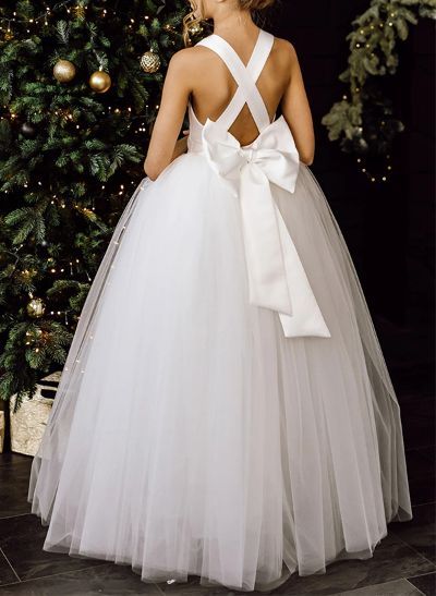 Ball-Gown V-Neck Floor-Length Satin/Tulle Flower Girl Dresses With Bow(s) Flower Girl Dress Short, Flower Girl Outfits Wedding, Flower Girl Dresses Older Kids, Teen Flower Girl Dresses, Older Flower Girl Dresses, Dress Satin Long, Girls Wedding Dresses, Elmo Videos, Flower Girl Dresses White