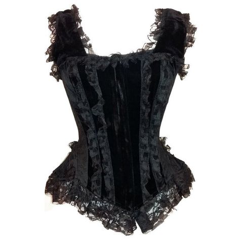 Athena Black Velvet Overbust Corset by Burleska ❤ liked on Polyvore featuring tops, flounce top, frilly tops, zipper top, zip top and flutter-sleeve top Corset Outfit Goth, Goth Corset Outfit, Front Lace Corset, Front Lace Up Corset, Zipper Corset, Armadura Cosplay, Velvet Bustier, Velvet Corset, Corset Outfit