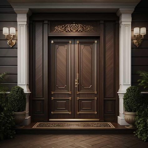 Main Entrance Pillar Design, Two Door Main Entrance, Double Door Main Door Designs, Classic Main Door Design, Classic Main Entrance Door Design, Classic Front Door Design, Main Door Designs Entrance, Classic Doors Entrance, Main Door Design Entrance Double Doors