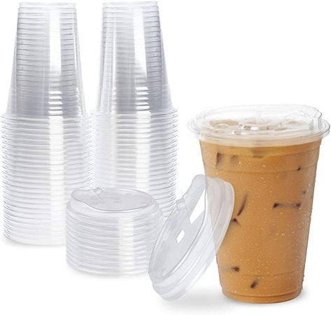 Amazon.com: [50 Pack] Disposable Strawless Plastic Cups with Lids - 24 Oz Clear Plastic Cups and Sippy Cups Lids, Perfect Eco-Friendly To Go Cups for Iced Coffee, Smoothies, Soda Party Drinks and Cafe Essentials: Kitchen & Dining Cafe Essentials, Plastic Cups With Lids, Plastic Coffee Cups, Kitchen Essentials List, Clear Plastic Cups, Desain Pantry, Clear Cups, Gadgets Kitchen Cooking, Sippy Cups