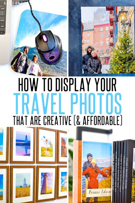 4 photos: a picture on a mousepad next to a computer, a canvas print hung on a wall, a gallery wall of lighthouse photos all in the same frame, and travel photo books on a bookshelf Vacation Gallery Wall Ideas, Gallery Travel Wall, Best Way To Display Photos, Vintage Travel Posters Gallery Wall, Displaying Travel Photos On Wall, Display Travel Photos Wall Art, Ways To Display Travel Photos, Decorating With Travel Photos, Displaying Vacation Photos