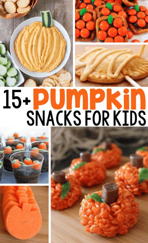 Kids will love these pumpkin themed snacks! They are simple to make and make a fall party even more exciting! #classparty #fallparty #fallfood #pumpkinsnacks Pumpkin Snacks For Kids, Pumpkin Themed Food, Pumpkin Snacks, Easy Pumpkin Recipes, Snacks To Go, Fall Snack Mixes, Pumpkin Rice Krispie Treats, Pumpkin Snack, Themed Snacks