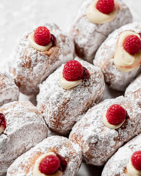 you gotta pass on that classic powdered jelly donut when you can have one of these RASPBERRY CHEESECAKE DONUTS! golden fluffy brioche donuts filled with a cream cheese pastry cream and sweet raspberry preserves aaaand coated in powdered sugar. full recipe is in my cookbook Donut Love, which you can get on Amazon! or comment “donut love” to get the Amazon link sent directly to your DMs! #donutlove #jellydonuts #briochedonuts Donuts Filled, Brioche Donuts, Jelly Donut, Donut Filling, Cream Cheese Pastry, Jelly Doughnuts, Jelly Cream, Cheese Pastry, Raspberry Preserves