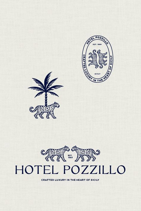 Logo suite for a luxury hotel, with leopard and palm tree illustration and text 'Hotel Pozzillo' Brand Trends 2023, Palm Beach Branding, Elegant Brand Identity Design, Logo And Branding Design, Classy Branding Design, Modern Crest Logo, Premium Graphic Design, Vintage Hotel Logo, Modern Luxury Branding