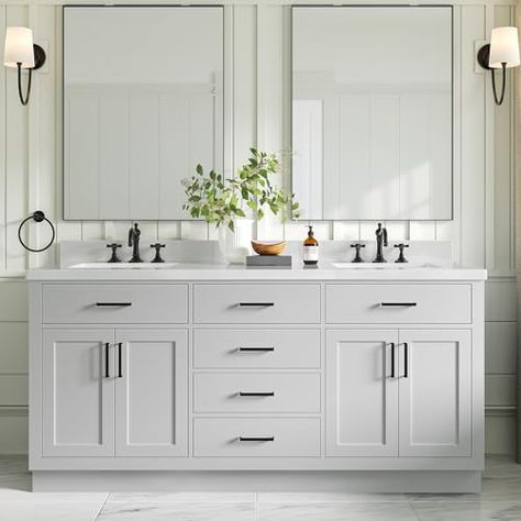 Grey Cabinet Bathroom, White Double Vanity, Paint Peeling, Quartz Vanity Tops, Hardwood Plywood, Quartz Countertop, White Quartz Countertop, Marble Vanity Tops, Transitional Bathroom Vanities