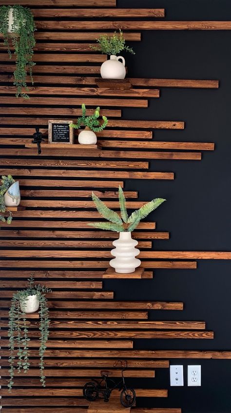 Accent Wall Black, Wood Wall Design, Wall Makeover, Wood Slat Wall, Wood Accent Wall, Fa Fal, Diy Ikea, Studio Apartment Decorating, Slat Wall