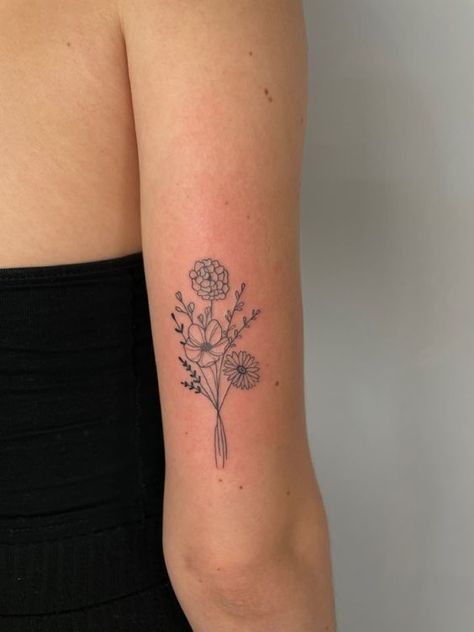 Cosmo And Daffodil Tattoo, Upper Shoulder Flower Tattoo, Daffodil Daisy Tattoo, Small Butterfly Flower Tattoo, Poppy And Narcissus Flower Tattoo, 3 Birth Flowers Tattoo, Floral Music Tattoo, Flower Tattoo Placement For Women, Kids Birth Flower Tattoo