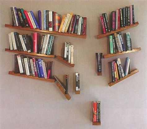 Some pretty awesome  book shelves.  I really want the falling one in the office. Bedroom Bookshelves, Creative Bookshelves, Cool Bookshelves, Hus Inspiration, Book Storage, Home Library, Book Shelf, Book Nooks, Shelf Decor