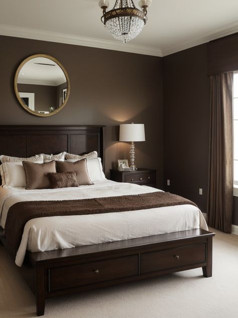 Brown Room Bed, Dark Brown Wood Furniture Bedroom, Brown Bed Rooms, Bedroom Inspirations Brown Furniture, Dark Brown Wood Bedroom Ideas, Cozy Brown Bedroom Aesthetic, Dark Brown Bedroom Aesthetic, Dark Brown Bedframe Room Ideas, Brown Bed Decor