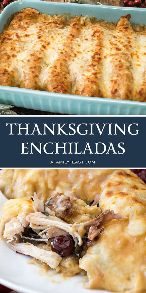 Thanksgiving Enchiladas - A Family Feast® Thanksgiving Enchiladas, Turkey Enchiladas, Thanksgiving Leftover Recipes, Holiday Leftovers, Easy Lunch Ideas, Thanksgiving Cooking, Leftover Turkey Recipes, Holiday Eating, Turkey Gravy