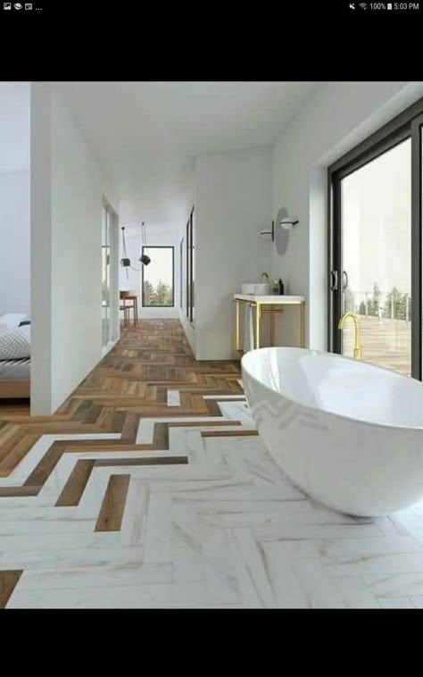 Floor Transition, Herringbone Wood Floor, Minimal Interior Design, Minimalism Interior, Wooden Floor, Design Studios, Beautiful Tile, Transitional Decor, Free Standing Bath Tub