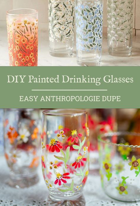 DIY Painted Drinking Glasses: Anthropologie Dupe How To Paint On Glassware, Glass Votive Candle Holders Diy Crafts, Hand Painted Glasses Diy, Paint On Glass Cup, How To Paint Glassware, Diy Painted Glasses, Paint Glass Cups, Painted Glass Cups Diy, Painting On Glasses