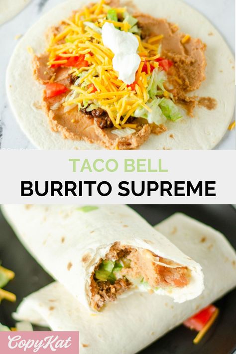 Beef Burrito Supreme, Burrito Supreme Recipe Taco Bells, Taco Bell Copycat Recipes Beef, Taco Bell Bean Burrito Recipe, Beef And Bean Burritos Easy, Taco Bell Burrito Supreme Recipe, Taco Bell Burrito Supreme, Taco Bell Meat Recipe, Burrito Supreme Recipe