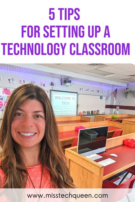 Setting up a Technology Classroom is much different than setting up a traditional classroom. In this blog I talk about 5 tips that have efficiently helped me set up my computer lab throughout the years. This type of classroom setting makes a great learning environment for elementary students! With helpful tips like classroom decor, space planning & classroom organization this will blog will help you set up the perfect technology classroom for your students! #STEM #ComputerLab #TechnologyTeac Computer Lab Ideas Classroom, Computer Science Teacher Elementary, Computer Lab Setup, Middle School Technology Classroom, Computer Lab Classroom Layout, Computer Lab Classroom Decor, Computer Classroom Ideas, Computer Lab Teacher Ideas, Technology Classroom Decor Computer Lab Middle School