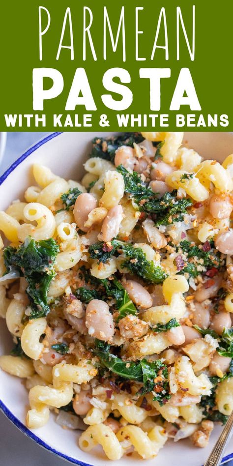 If you're looking for a cozy pasta recipe that's packed with veggies and protein, this Kale and White Bean Pasta with Parmesan is for you! This easy vegetarian dinner may look simple, but it's packed with flavor and great for a last minute weeknight dinner made with pantry staples. Enjoy with a side salad or garlic bread. #vegetarianpasta #easydinner #comfortfood #kalepasta Kale And Noodles Recipes, Pasta And White Beans, White Bean Pasta Recipe, Pasta With Butter Beans, White Bean Dinner Recipes, Pasta Meal Prep Vegetarian, Kale With Pasta Recipes, White Bean And Pasta Recipes, Kale Alfredo Pasta