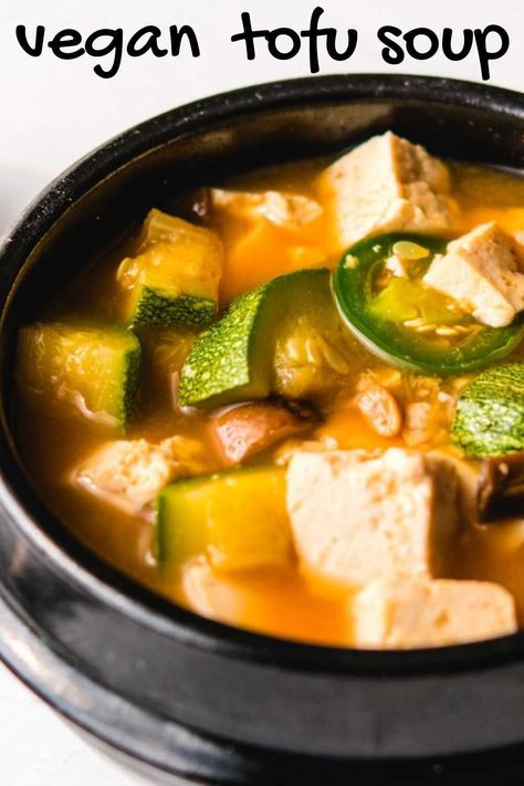 Vegan Korean Tofu Soup, Korean Tofu Soup Easy, Healthy Tofu Soup, Coconut Tofu Soup, Korean Tofu Soup Recipe, Korean Vegetable Soup, Korean Soup Recipes Tofu, Vegan Soup With Tofu, Vegan Keto Soup