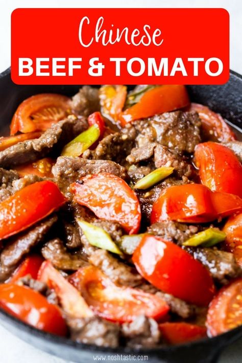 Easy Chinese Beef and Tomato recipe! gluten free recipe #noshtastic Tomato Pepper Beef Stir Fry, Essen, Tomato Beef Chinese, Chinese Beef And Tomato Recipe, Beef Tomato Recipe, Wok Wednesday, Ab Recipes, Recipes With Beef, Tomato And Egg