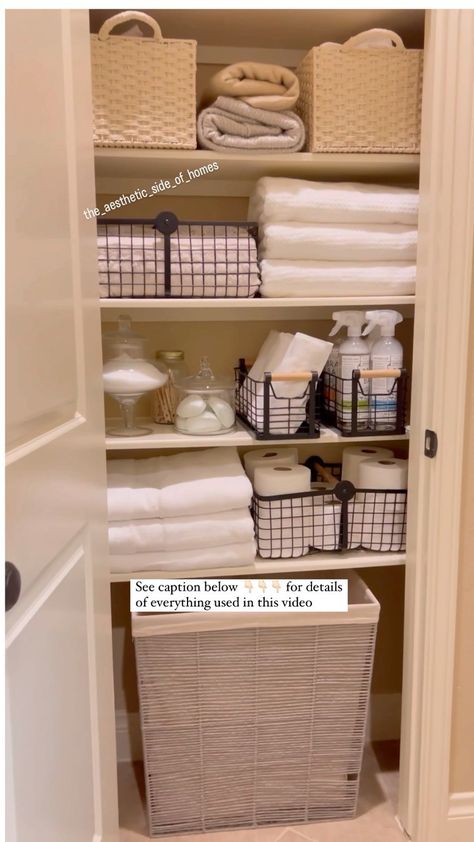 Linen Closet Shelf Heights, Small Cleaning Closet Ideas, Organizing Towels In Closet, How To Organize Linen Closet, Towel Organization Closet, Lenin Closet, Small Hall Closet Organization, Small Bathroom Closet Organization, Towel Closet Organization