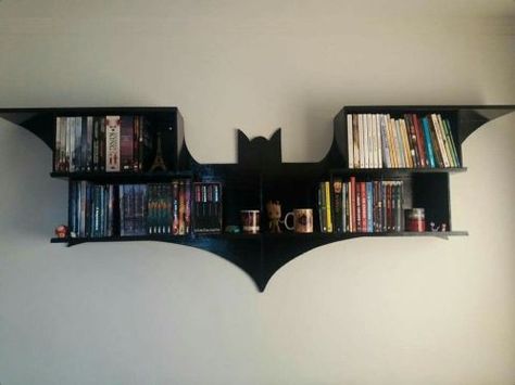 Batman Bookshelf, Geek Home Decor, Batman Room, Batman Decor, Dark Home Decor, Geek Decor, Goth Home, Goth Home Decor, Dark Home