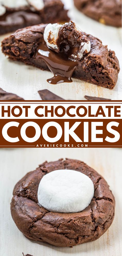 Hot Chocolate Cookies Recipe, Hot Chocolate Cookie Recipes, Easy Hot Chocolate, Hot Cocoa Cookies, Winter Baking, Dessert Cookies, Averie Cooks, Xmas Treats, Hot Chocolate Cookies