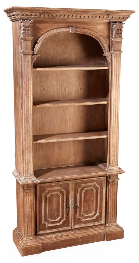 A natural stain and weathered finish lends this masterfully carved mindi wood bookcase the look of a prized estate-sale find. Outfitted with cabinet space and three adjustable shelves for ample... Corner Built In Shelves, Victorian Bookshelf, Built In Hutch, Wicker Armchair, Antique Bookcase, Tall Bookcases, Three Seat Sofa, Period Furniture, Wood Bookcase