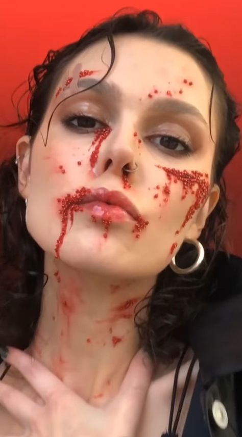 Beat Up Face Makeup Halloween, Teeth Halloween Makeup, Slasher Victim Halloween Costume, Glam Gore Makeup, Halloween Makeup Looks Blood, Rhinestone Blood Makeup, Gore Halloween Makeup Looks, Slasher Makeup, Halloween Costumes With Blood