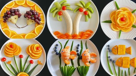 Fruits And Vegetables Decoration Ideas, Fruit Decorations Ideas, Kids Fruit Ideas, Fruit Salad Decoration Ideas For Kids, Fruit Design Ideas Food Art, Creative Fruit Tray Ideas Food Art, Salad Decorations Ideas, Fruits Design Ideas, Cut Fruit Ideas