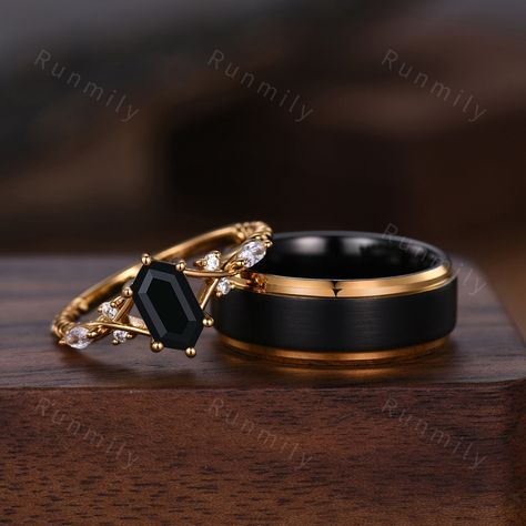 Here we have a Vintage Black onyx Couples Ring Yellow Gold Matching Ring Set His and Hers Wedding Band Promise Ring For Men For Women Natural Black Gem. Moss Agate Ring Set: www.etsy.com/listing/1735933236/vintage-moss-agate-couples-ring-yellow?click_key=20bb454fd03f538422e2ed49dd8afbb93ded48d5%3A1735933236&click_sum=9692b694&ref=shop_home_active_6&pro=1&frs=1 ITEM DESCRIPTION ✦ Handmade, high-quality item! ✦ Material: Sterling Silver/Tungsten ►Sold as a two-piece set ►His ring is Yellow Gold an Gold And Black Wedding Rings For Men, Golden Wedding Rings Couple, Silver And Gold Wedding Rings Set, Wedding Ring Men And Women Set, Matching Rings For Couples Gold, Simple Wedding Sets Rings, Gold Wedding Rings For Couples, Matching Wedding Rings For Couples, Wedding Rings Sets His And Hers Couples