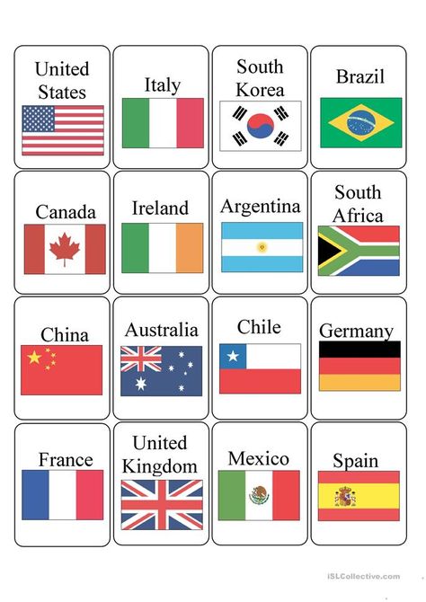 Countries - English ESL Worksheets World Flags Printable, Landforms Worksheet, World Flags With Names, Flag Printable, Countries And Flags, Flags With Names, France Flag, Flag Country, Country Names